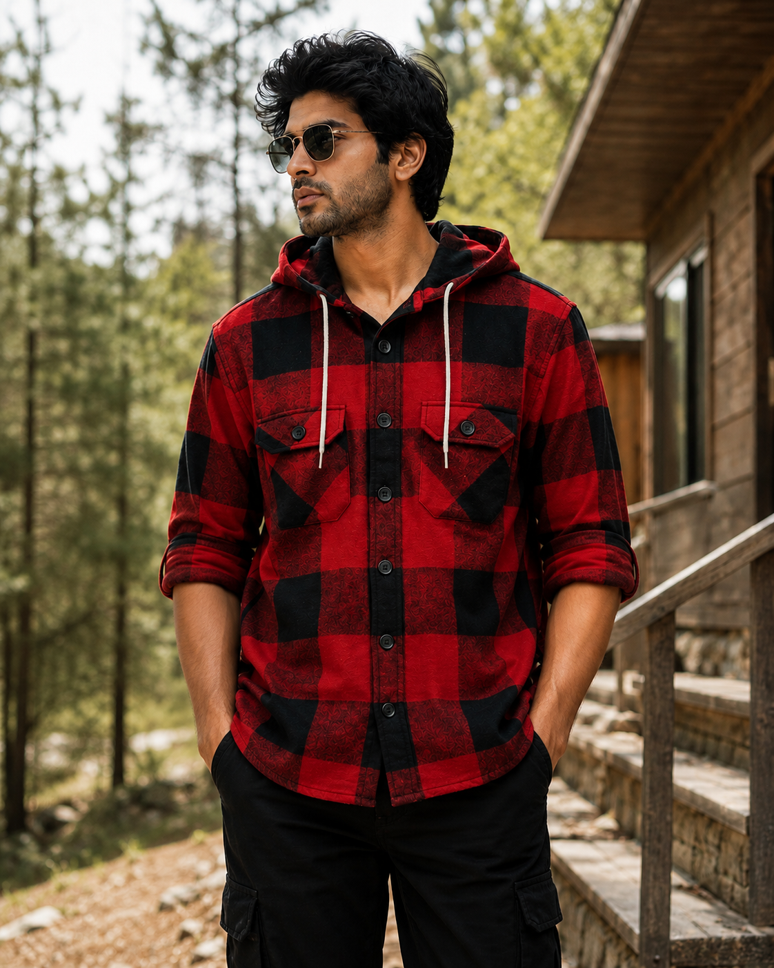 Apple Red Checks - Premium Flannel Hooded Shirt #975