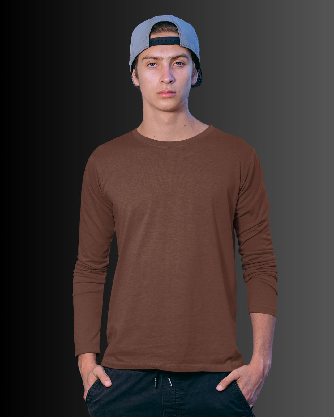 French Cotton Long Sleeve Crew Neck T-Shirt (Coffee Brown) #821