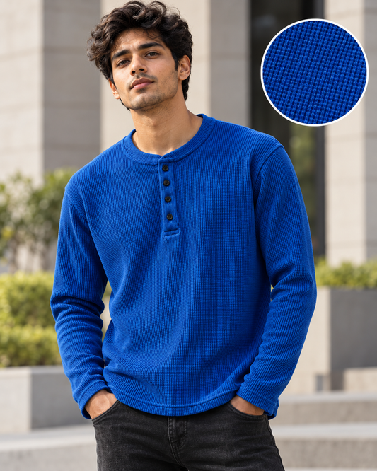 Royal-Blue Waffle Knit Henley T-Shirt #1338