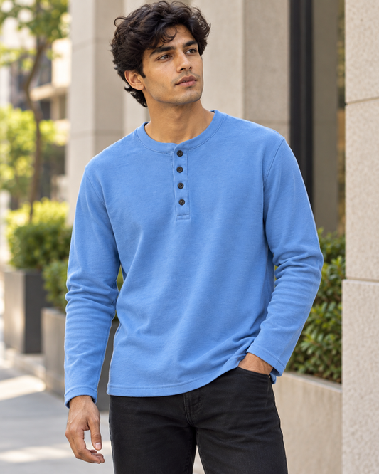 Casual-Blue Cotton Henley T-Shirt #1340
