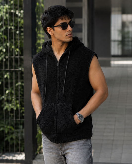 Sleeveless Sherpa Hoodie (Black) #1015