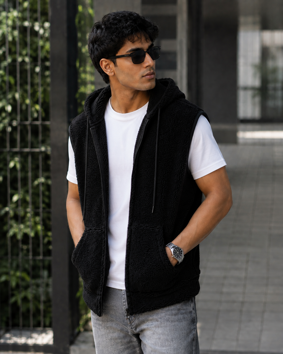Sleeveless Sherpa Hoodie (Black) #1015