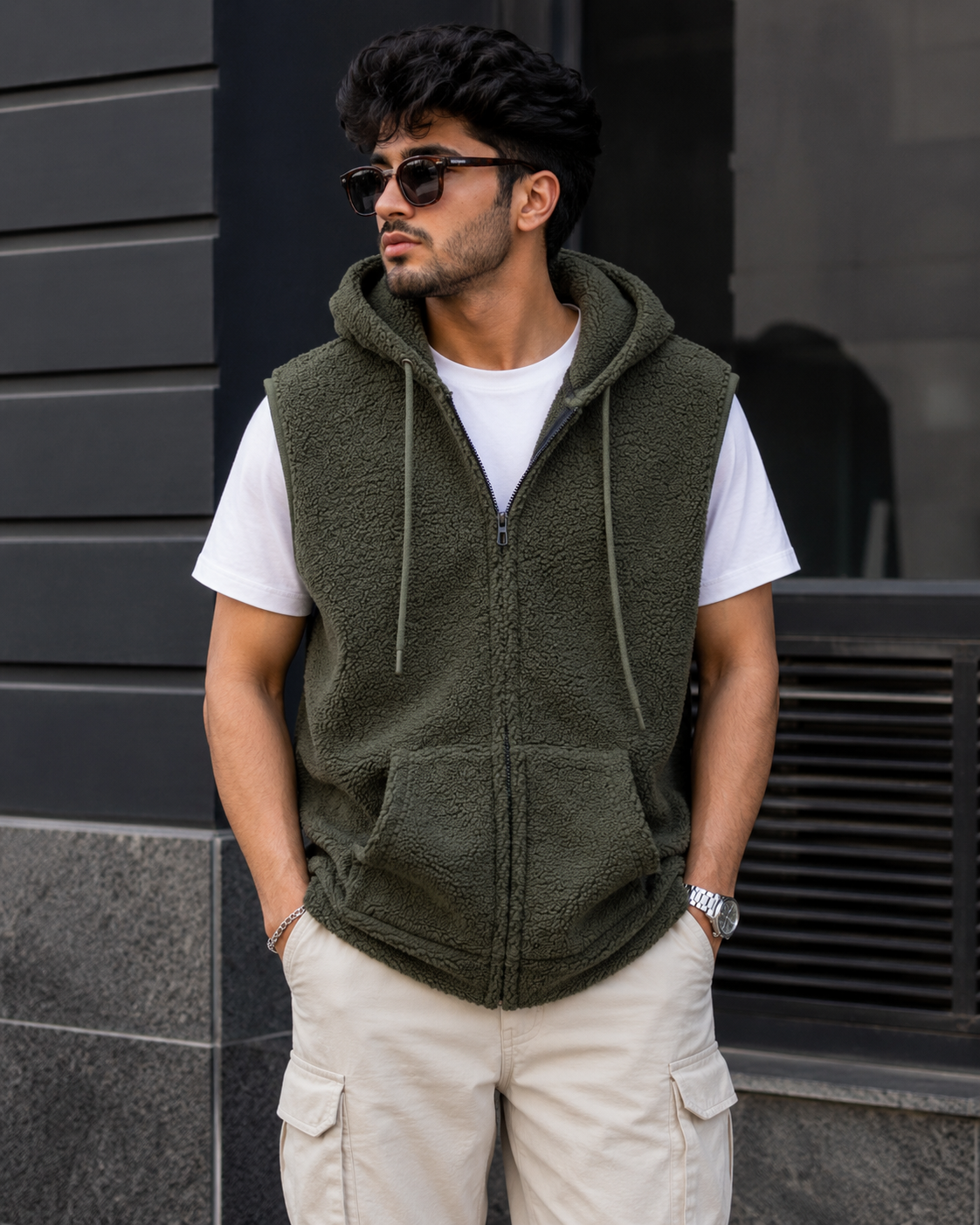 Sleeveless Sherpa Hoodie (Olive Green) #1228