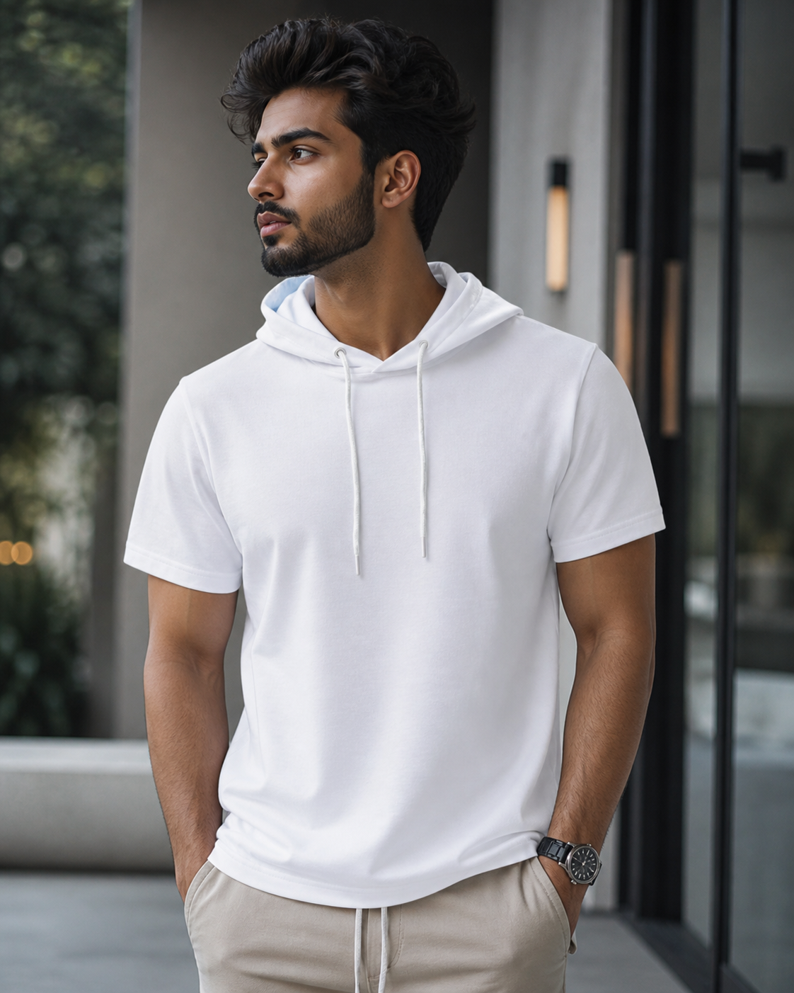 Hooded T-shirt in Premium Cotton #1115 (Vanilla White)