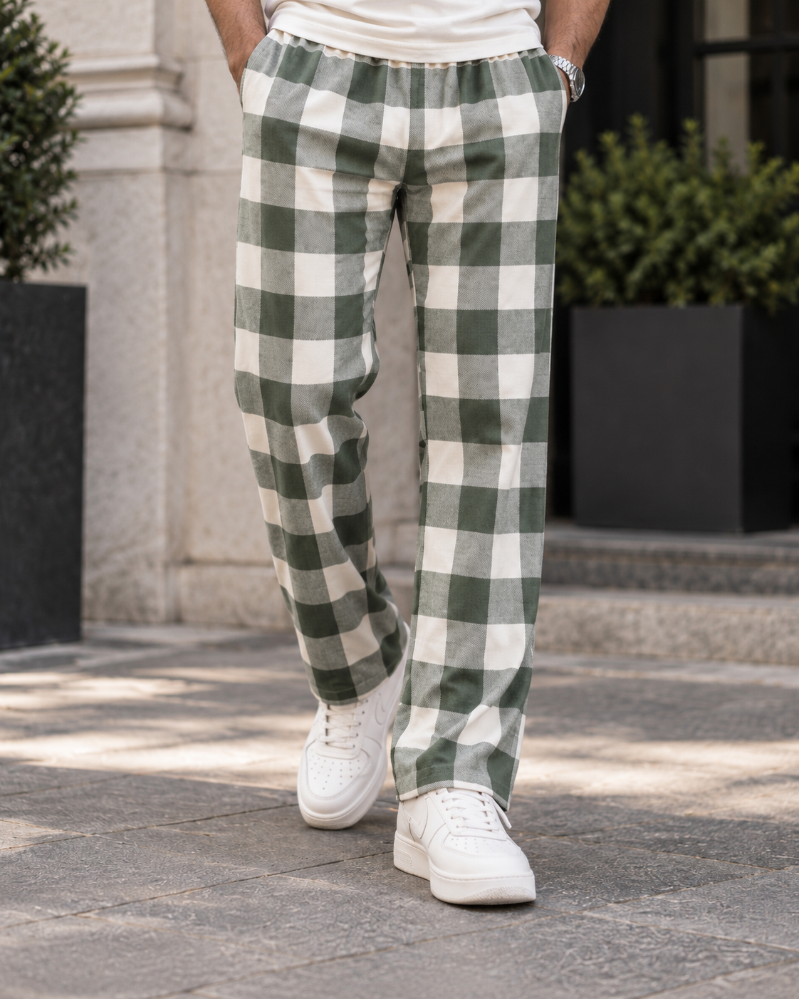 Straight-Fit Jogger Pants (Ivory Checks) #1291