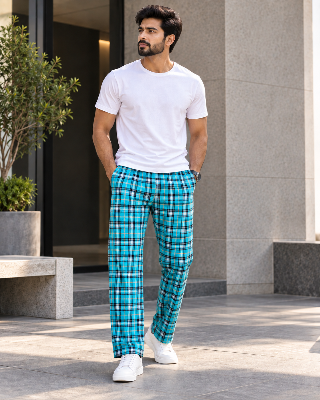 Straight-Fit Jogger Pants (Turquoise Checks) #1292