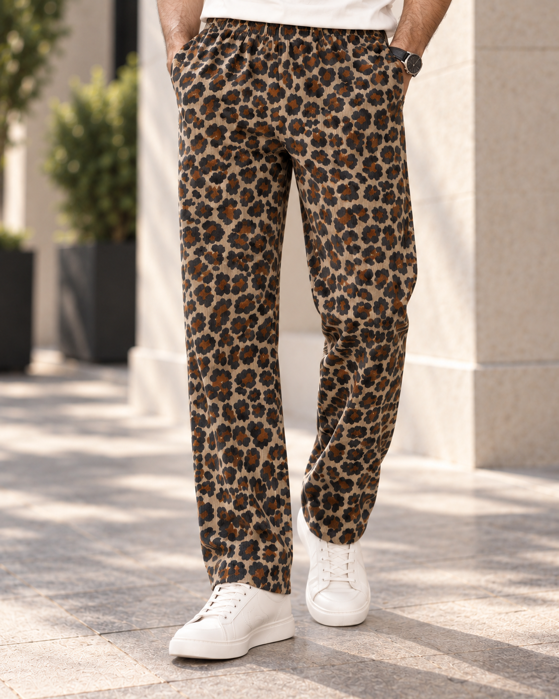 Corduroy Straight-Fit Jogger Pants (Leopard Print) #1255
