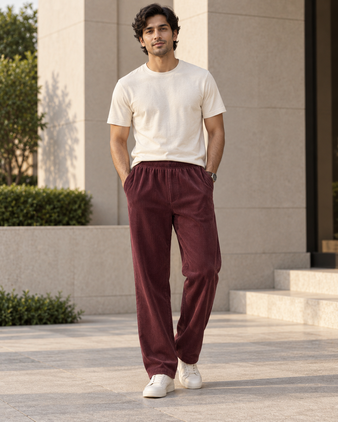 Corduroy Straight-Fit Jogger Pants (Deep Wine) #1252