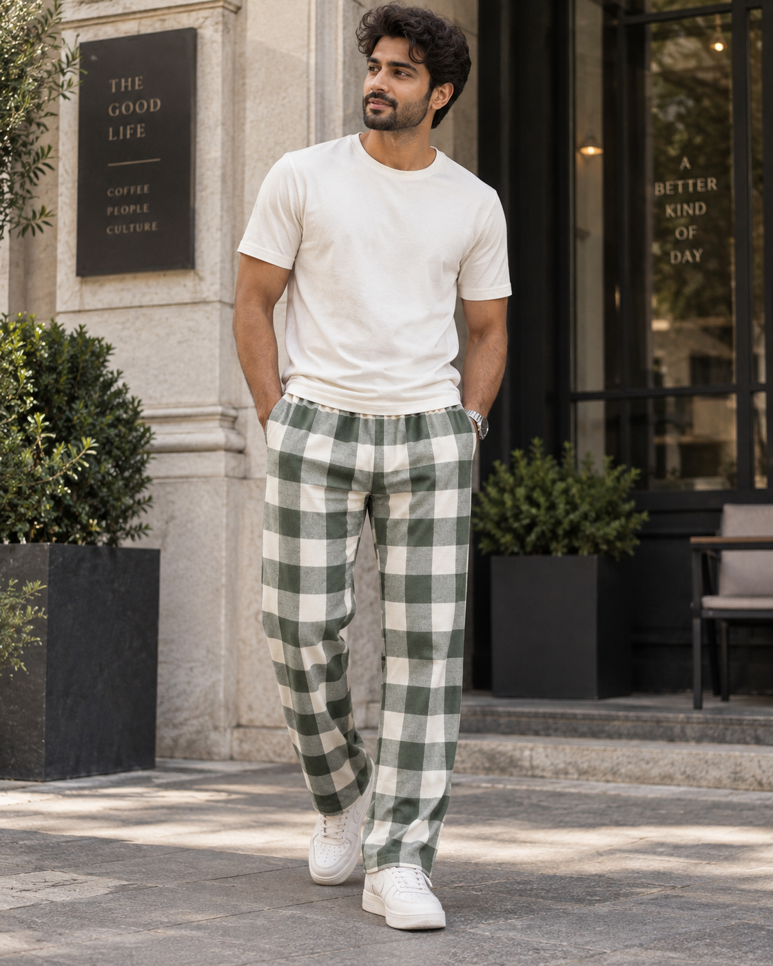 Straight-Fit Jogger Pants (Ivory Checks) #1291