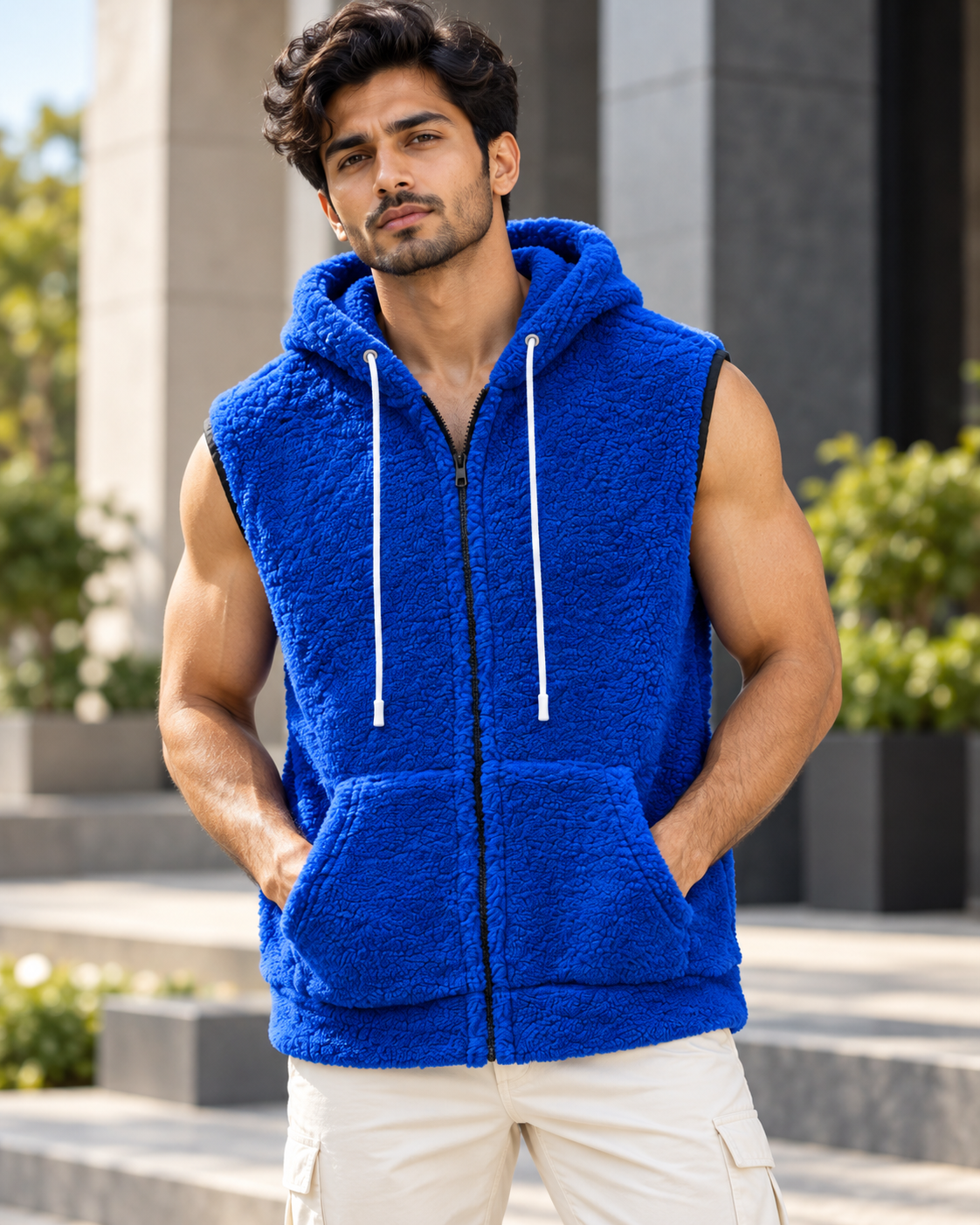 Sleeveless Sherpa Hoodie (Royal Blue) #1369