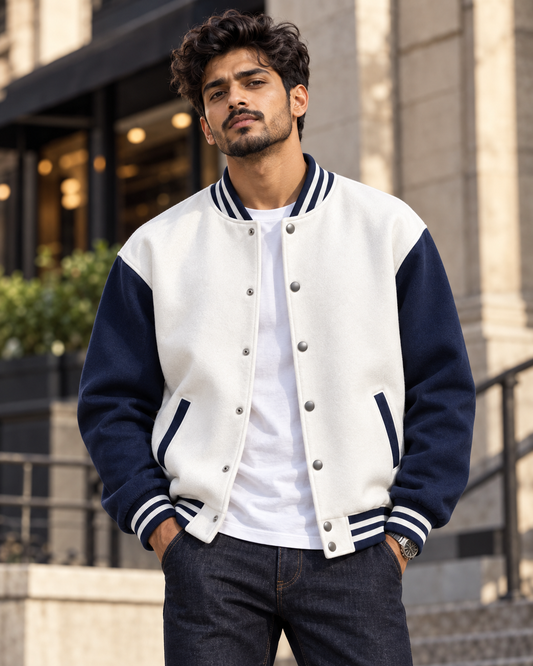 Men's Varsity Jacket (Navy Blue & White) #511