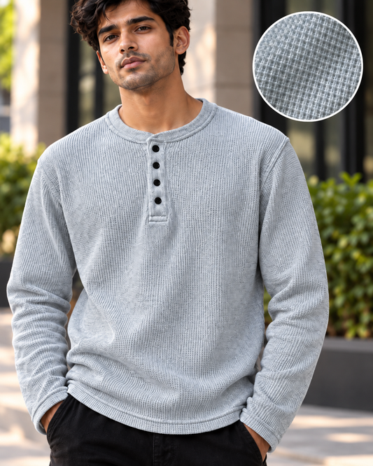 Melange-Grey Waffle Knit Henley T-Shirt #1339