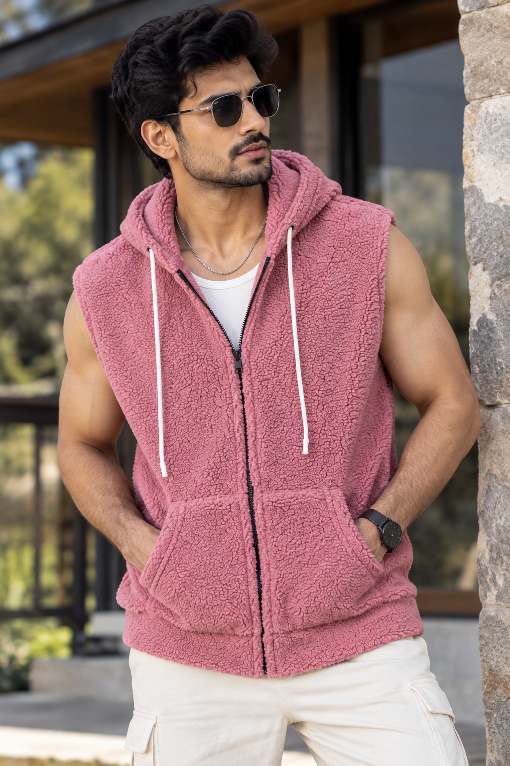 Sleeveless Sherpa Hoodie (Dusty Pink) #1371