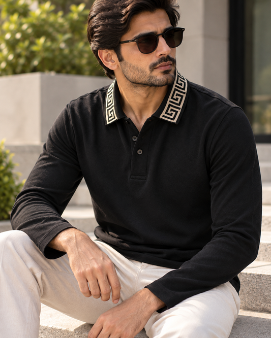 Greek Key Collar - Long Sleeve Polo Tee #1368