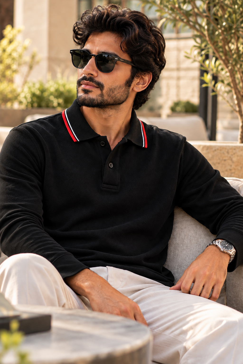 JET BLACK - Long Sleeve Luxury Polo Tee #1367