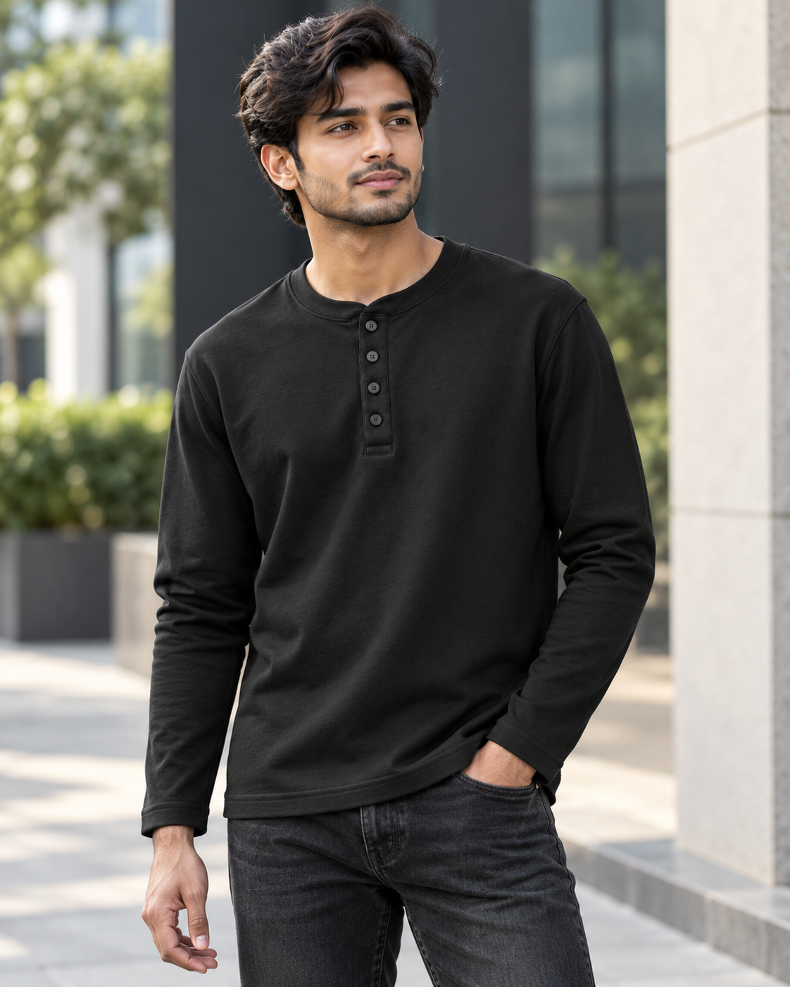 Midnight-Black Cotton Henley T-Shirt #1347