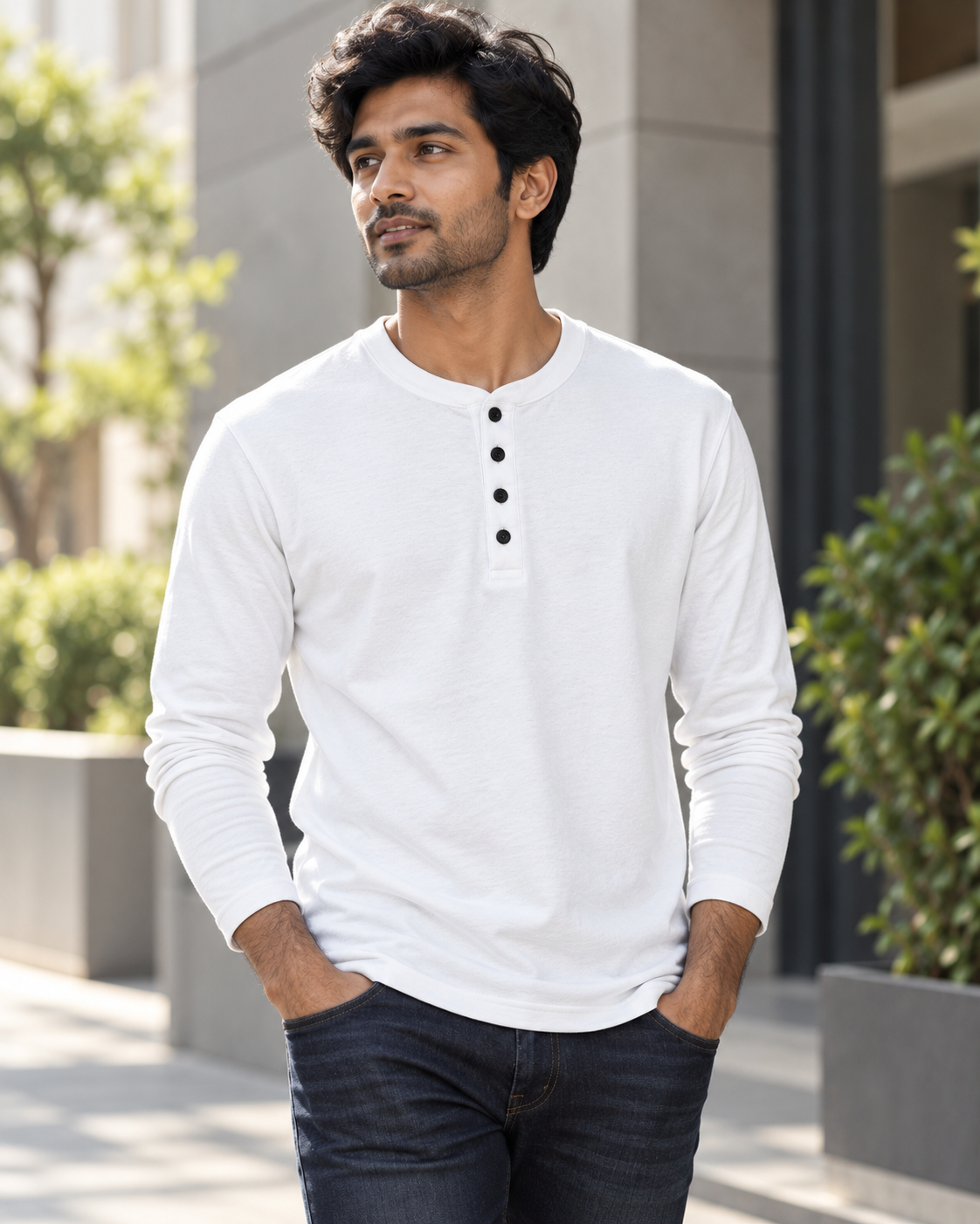 Vanilla-White Cotton Henley T-Shirt #1348