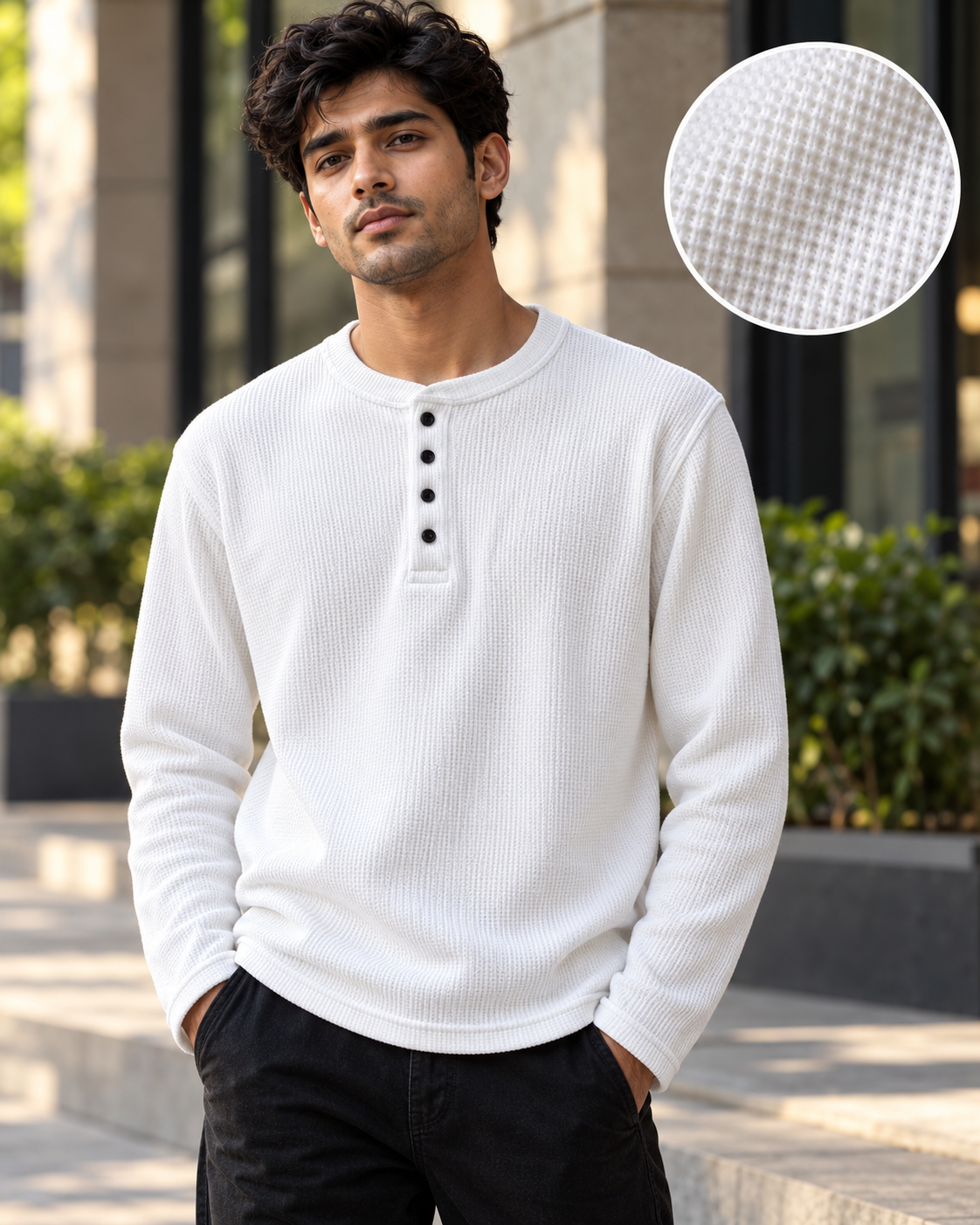 Vanilla-White Waffle Knit Henley T-Shirt #1337