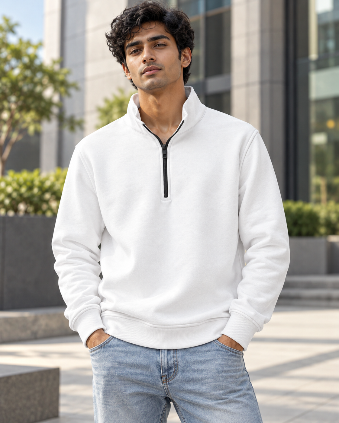 Crisp-White Half-Zip Sweatshirt #1346