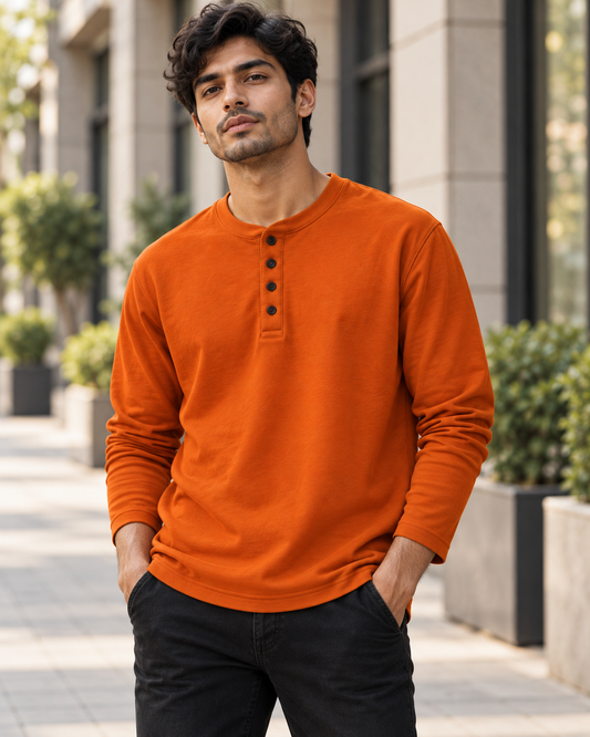 Burnt-Orange Cotton Henley T-Shirt #1341