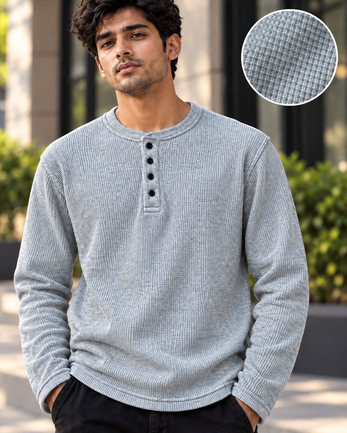 Melange-Grey Waffle Knit Henley T-Shirt #1339